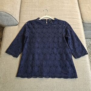 J. Crew Navy Blue Embroidered Eyelet Casual Office Career Top Size XS